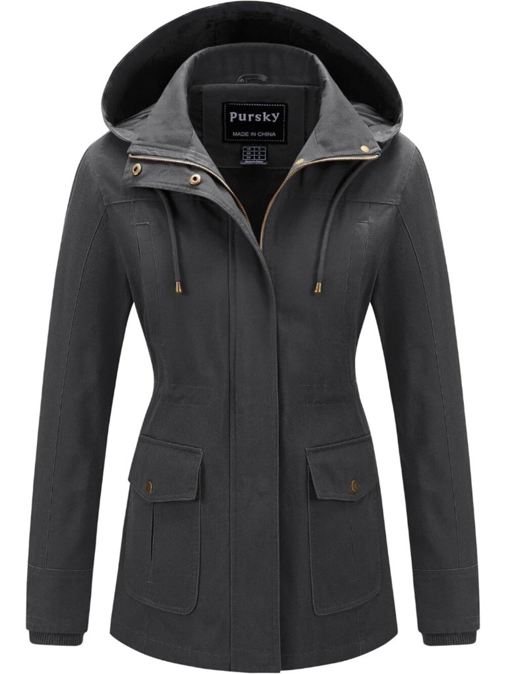 Women's Grey Cotton Removable Drawstring Hood Military Utility Anorak Jacket